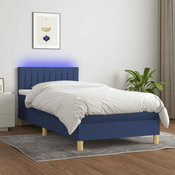 Greatstore Box spring postelja z vzmetnico LED modra 90x200 cm blago