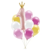 Komplet balonov za prvi rojstni dan – rožnati, 9 kosov, 30 cm
