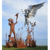 Casa Padrino luxury decorative sculpture angel and pan rust/silver 325 x 173 x H. 370 cm - Huge metal sculpture - Huge garden decorative figure - Garden sculptures - Metal sculptures