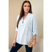 Kesi Włoski Womens viscose blouse with a collar and rhinestone print blue