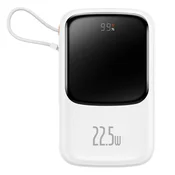 Qpow powerbank 10000mAh vgrajen kabel USB Type C 22,5W Quick Charge bela