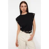 Trendyol Black 100% Cotton Button Detailed Wadding Look Basic Crew Neck Knitted T-Shirt