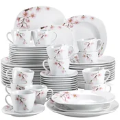 MALACASA 60-delni porcelanasti jedilni set, rožnato cvetlično, primeren za mikrovalovno pečico in pomivalni stroj, 60-DELNI, (5000166223)