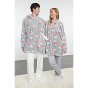 Trendyol Unisex Couple/Pair Gray Printed Wellsoft Winter Knitted Dressing Gown