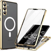 GS Magnetni ovitek MagSafe z dvojnim steklom za Samsung Galaxy S23, zlat