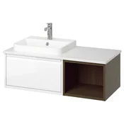 ÄNGSJÖN / BACKSJÖN Postolje umiv/umiv/slavina, bela vis. sjaja/imit. braon hrasta/bela im. mermera, 102x49x41 cm