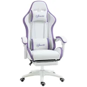 VINSETTO Ergonomski igralni stol iz PU usnja in jekla z nastavljivim naslonom za glavo in nastavljivo višino, igralni fotelj z nagibnim hrbtom in ledveno blazino, 65x65x121-129 cm, bela in vijolična