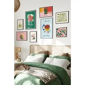 WallXpert set od 8 uramljenih slika Çgs-046, vocni motivi u zelenoj i roze – jagode, mleko, kaktus i biljne šare, crni ram