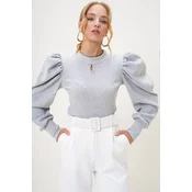Trend Alaçati Stili Womens Gray Crew Neck Drop Neck Princess Sleeve Knitwear Blouse