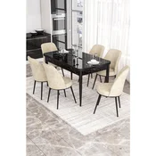 Hanah Home trpezarijski set Via, sto na razvlacenje i 6 stolica, ploca u dekoru crnog mermera, krem tkanina Jerry