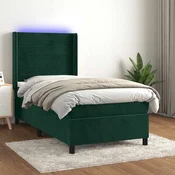 vidaXL Box spring postelja z vzmetnico LED tem. zelena 90x190 cm žamet