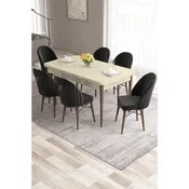 Hanah Home trpezarijski set Roz, sto na razvlacenje i 6 stolica, krem ploca, noge boje oraha, crna tkanina Babyface