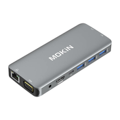 MOKiN 10 u 1 Adapter Hub USB-C na 3x USB 3.0 + USB-C punjenje + HDMI + 3,5 mm audio + VGA + 2x RJ45 + Micro SD citac (srebrni)