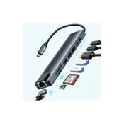 Zeus Adapter-konverter USB Tip C, 11/1, 1xUSB3.0, 3xUSB2.0, HDMI, TF, SD, Audio, RJ45, VGA, Tip C PD, Sivi