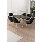 Hanah Home trpezarijski set Jita, sto i 6 stolica, ploca u dekoru Sonata, zlatne noge, crna tkanina Babyface