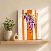 WallXpert rucno slikana uljana slika na platnu YBC11860, ljubicasta glicinija na narandžasto-belim prugama, 26 x 36 cm