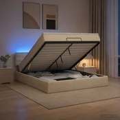 vidaXL Otomanska postelja z vzmetnico in LED Krem 160 x 200 cm Blago