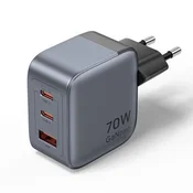 Vention GaN polnilec 70 W, 2x USB-C + USB-A, EU, siv