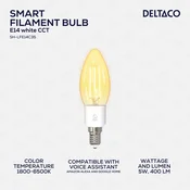 DELTACO SMART HOME LED Filament žarulja,E14,WiFI 2.4GHz, 4.5W, 400lm,dimmable, 1800K-6500K, 220-240V