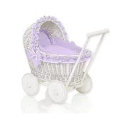 MY SWEET BABY Bel pleten voziček za punčke s potiskačem in vijolično posteljnino, mehka podloga CHIARA