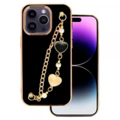 Trendy silikonski ovitek z zapestnico za iPhone 14 Plus 6.7 - črn s srčki
