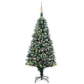 Vidaxl Umetno božično drevo z LED in kompletom krogel in storži 210 cm