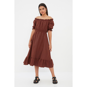 Trendyol Brown Waist Gimped Midi Woven Linen Look Dress
