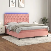 Greatstore Box spring postelja z vzmetnico LED roza 180x200 cm žamet