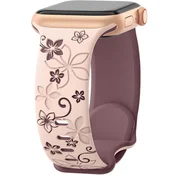 GS Silikonski pašček za Apple Watch 1/2/3/4/5/6/7/8/9/10/11/SE Ultra 1/2/3 42/44/45/46/49 mm, cvetlični vzorec, roza/vijolična