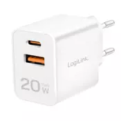 Logilink dvostruki USB punjač, 20 W, GaN, 1x USB-C (PD), 1x USB-A, bijela