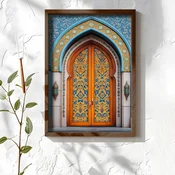WallXpert uramljena MDF slika NAL047-46, narandžasta vrata sa plavim ornamentima i dva fenjera, 35,5 x 47 cm
