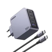 Stenski polnilec Ugreen Nexode Pro X763 160W z GaN II tehnologijo, 1x USB-A in 3x USB-C izhodi za hitro polnjenje več naprav hkrati + USB-C kabel - siv