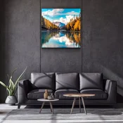 WallXpert slika na kaljenom staklu Kgls_1128, jesenja šuma i planine koje se ogledaju u jezeru, 40 x 40 cm