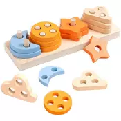 Nikcorp Lesena senzorična igrača Montessori, izobraževalna sestavljanka in geometrijski sorter oblik, 17 delov, 12m+