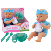 Lutka beba s trakom za glavu i priborom za hranjenje plava