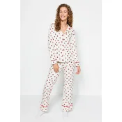 Trendyol Beige 100% Cotton Heart Patterned Shirt-Pants and Knitted Pajamas Set