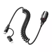 REMAX RUICHY punjač za automobil s USB utičnicom 45W, PD brzi punjač + fiksni spiralni Type-C - Lightning kabel, CRNA RCC356