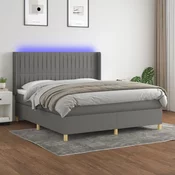 Greatstore Box spring postelja z vzmetnico LED temno siva 180x200 cm blago