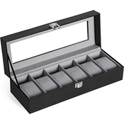 SONGMICS Škatla za ure s 6 režami, ohišje s steklenim pokrovom, žametne blazinice za ure, držalo za uro z zaponko, 11,2 x 30 x 8 cm, ideja za darilo, črno sintetično usnje, siva podloga JWB06BK, (21279797)