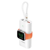 VEGER prenosna baterija MagFan 10000 mAh, vgrajen kabel in Apple Watch polnilnik, bel