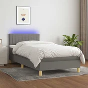 Greatstore Box spring postelja z vzmetnico LED temno siva 90x190 cm blago