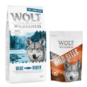 12 kg suhe hrane Wolf of Wilderness + Snack gratis! - Adult Blue River - piščanec proste reje in losos + Wide Acres - piščanec (monoprotein)