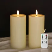 Nikcorp Komplet 2 LED dekorativnih sveč iz naravnega voska višina 15 cm, 3D učinek črni sten, topla bela svetloba, z daljinskim upravljalnikom in časovnikom 2h/4h/6h/8h, dimiranje, za notranjo dekoracijo