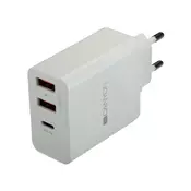 CANYON H-08 Universal 3xUSB AC charger (in wall) with over-voltage protection(1 USB-C with PD Quick Charger), Input 100V-240V, OutputUSB-A/5V-2.4A+USB-C/PD30W, with Smart IC, White Glossy Color+ orange plastic part of USB, 96.8*52.48*28.5mm, 0.092kg