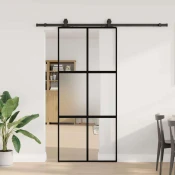 Vidaxl Drsna vrata z opremo črna 90x205 cm kaljeno steklo