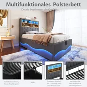 SONNENH Otroška postelja, 90 x 200 cm, železo, siva, 221 x 93 x 131 cm, led osvetlitev, prostor za shranjevanje, za spalnico