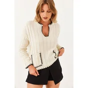Bianco Lucci Womens V-Neck Shepherd Stitched Embroidered Detailed Pocket Knitwear Sweater