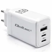 Qoltec 65W GaN stenski polnilnik | 5–20 V | 3–3,35 A | 2 x USB-C PD | 1 x USB QC 3.0 | Prenosnik | Pametni telefon | Bela