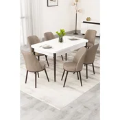 Hanah Home trpezarijski set Rax, sto na razvlacenje i 6 stolica, bela ploca, braon noge, kapucino tkanina Babyface
