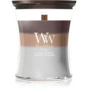 Woodwick Trilogy Radiant Cashmere mirisna svijeca s drvenim fitiljem 275 g